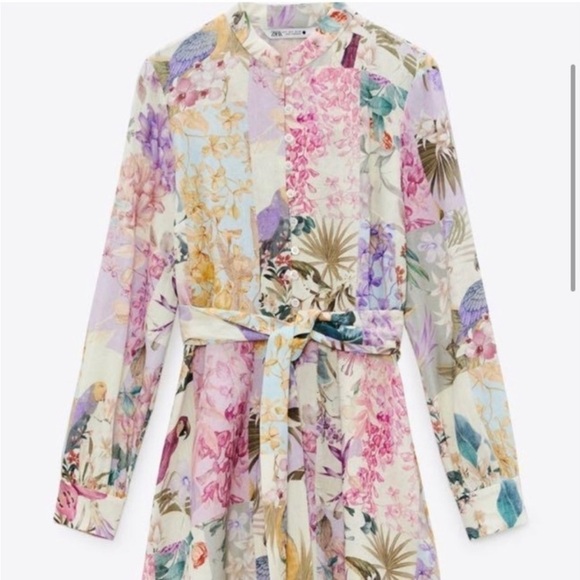 Bloggers favorite Zara tropical parrot dress women’s size Small  belted buttons - Picture 4 of 16